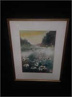 Signed Nordia - Framed Watercolor Field of Flowers