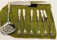 6 MOTHER OF PEARL HANDLED OLIVE FORKS WITH STERLIN