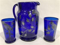 COBALT BLUE GLASS PITCHER AND 2 CUPS WITH STERLING