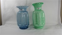 Fenton 8 1/2" blue & green pinched vases