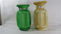 Fenton 8 1/2" amber & green pinched vases