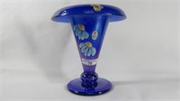 Fenton 7 1/2" blue rolled rim decorated vase