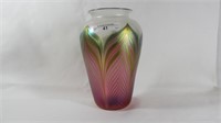 Art Glass 8" Pulled Feather vase signed Zelligue