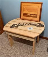 Pine Side Table w/ Welcome Sign & Windsurfer Pic