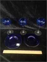 BLUE GLASS PLATES & STEMWARE