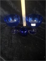 BLUE GLASS GOBLETS & SMALL DISH