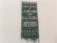 Ribbon Badge For Cuba NY Fire Parade, Circa 1896