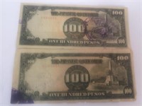 2 Japanese Government 100 Peso Bank Notes