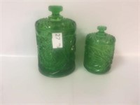 Set of 2 Green Depression Glass Canisters