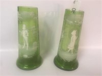 Very Nice Handpainted Green Glass Vases-7" T