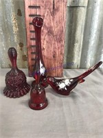 Fenton, red, plain and hand painted, 4 pieces