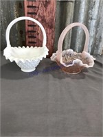 Fenton baskets, set of 2, white hobnail and pink