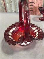 Fenton, red, hand painted basket and candy dish
