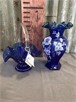 Fenton basket and vase, blue, hand painted