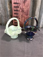 Fenton small baskets, green luster and carnival
