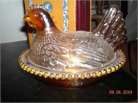 Large Amber glass Hen on Nest