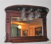 Wood Bar Beveled Mirror w Light & Glass Holders