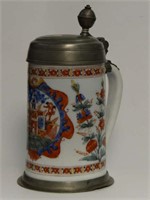 HAND PAINTED BRISTOL GLASS STEIN W/ PEWTER CAP &