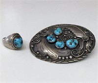 VINTAGE TURQUOISE & STERLING BELT BUCKLE & RING