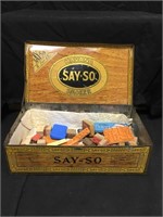 Say So Tin Cigar Box with Vintage Block Stamps