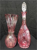 Cranberry Crystal Vase and Wine Cruet