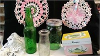 Metal Recipe Box ,Milk Jar, Bottles & Dollies