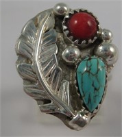 Sterling Silver Turquoise & Coral SW Ring