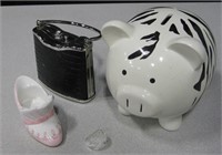 Porcelain Piggy Bank, Glass Rings, Flask Purse