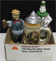 German Style Stein & 2 French Figural Decanters