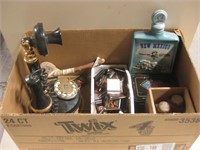 Vintage Phone, Matches, Decanter, Tin Box & More