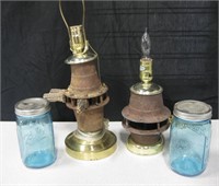 2 Each Wooden Wheel Hub Lamps & Blue Mason Jars