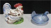 2 VNTG Porcelain & Blue Glass Chicken Lidded Bowls
