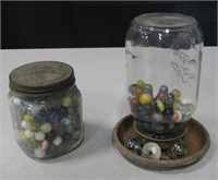 2 Mason Jars Filled with Marbles, One w/ Dish