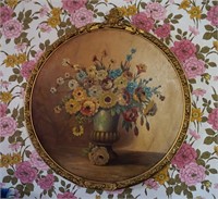 Round Floral Painting by H. Lewis