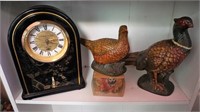 Clock, Pheasant Figurines and Candle