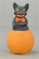 BLACK CAT ON PUMPKIN CANDY CONTAINER