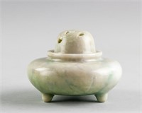 Chinese Carved Celadon Jadeite Tripod Censer