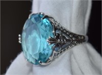 Sterling Silver Filigree Ring w/ Blue Stone Sz 6