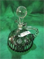 GREEN EMERALD CUT TO CLEAR DECANTER - MINT COND.