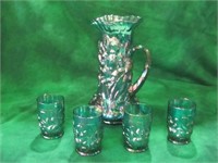 5 PC TEAL CARNIVAL GLASS WATER SET MARKED S