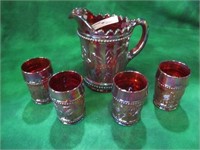 5 PC CARNIVAL GLASS WATER SET SIGNE "S" ON BOTTOM