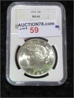 1923 PEACE SILVER DOLLAR NGC MS 64