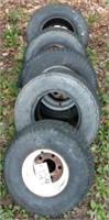 (3) Trailer tires with wheels and (3) trailer