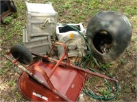 Wheel barrow, 3 hose reels most with hoses,