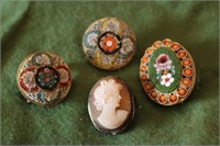 3 Vintage Mosaic Pins & a Small Cameo Pin