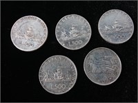 5 pièces de monnaie italienne, 500 Lires, en