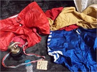 2 PAIR ANTIQUE GYM SHORTS, MEDALS, FLAGS