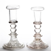FREE-BLOWN AND PRESSED NEAR PAIR OF CANDLESTICKS,