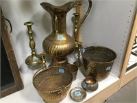 BRASS DECOR, CANDLE HOLDERS, LARGE PITCHER & MORE