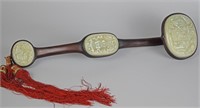 Chinese carved jade inlaid rosewood Ruyi scepter